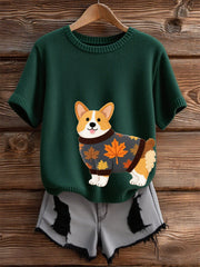 Women's Autumn Dog Art Print O-Neck Short Sleeve T-shirt