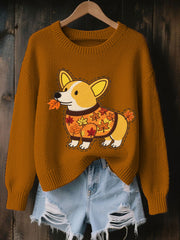 Women's Autumn Dog Art Print O-Neck Long Sleeve Sweatshirt