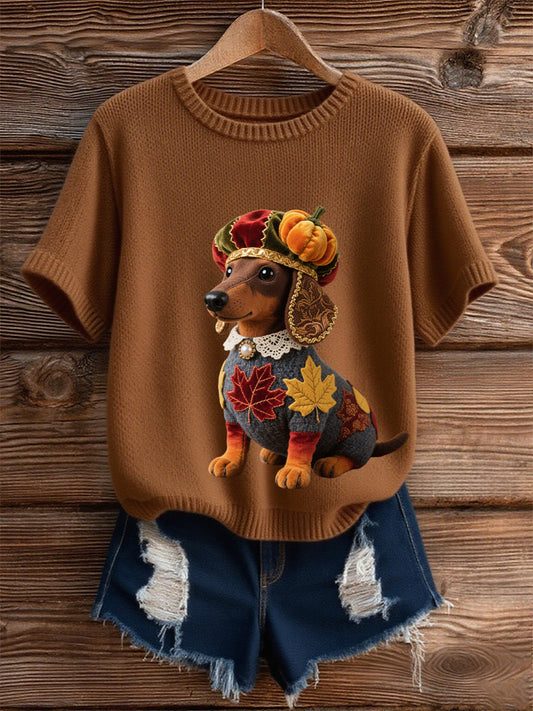 Women's Autumn Dog Art Print Short SleeveT-shirt