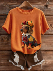 Women's Autumn Dog Art Print Short SleeveT-shirt