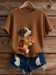 Women's Autumn Dog Art Print Short SleeveT-shirt