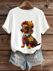 Women's Autumn Dog Art Print Short SleeveT-shirt