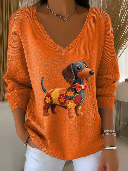 Women's Autumn Dog Art Print  V-Neck Ribbed Top