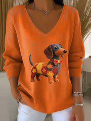 Women's Autumn Dog Art Print  V-Neck Ribbed Top