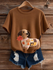 Women's Autumn Dog Art Print Short SleeveT-shirt