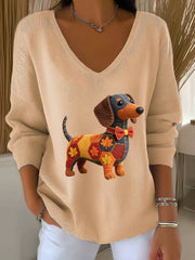 Women's Autumn Dog Art Print  V-Neck Ribbed Top