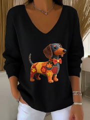 Women's Autumn Dog Art Print  V-Neck Ribbed Top