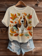 Women's Vintage Autumn Fallen Patchwork Dog Print Art Cozy Knit Top