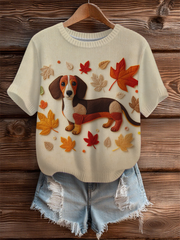 Women's Vintage Autumn Fallen Patchwork Dog Print Art Cozy Knit Top