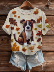 Women's Vintage Autumn Fallen Patchwork Dog Print Art Cozy Knit Top