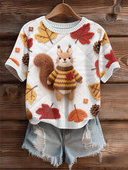 Women's Autumn Leaves Patchwork Squirrel Cozy Knit Sweater