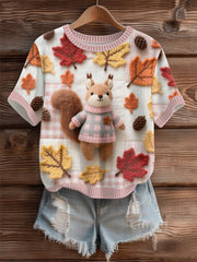 Women's Autumn Leaves Patchwork Squirrel Cozy Knit Sweater