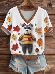 Women's Autumn Fallen Patchwork Dog V-Neck Comfortable Knit Sweater