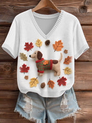 Women's Autumn Fallen Patchwork Dog V-Neck Comfortable Knit Sweater