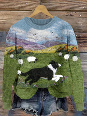 Women's Funny Running Sheepdog Wool Felt Cozy Knit Sweater