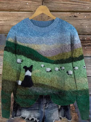 Women's Sheep Mountains Landscape Felt Art Cozy Sweater