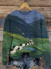 Women's Sheep Mountains Landscape Felt Art Cozy Sweater
