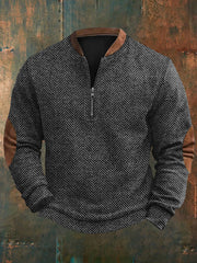 Men's Vintage Herringbone Print Casual Zipper Sweatshirt