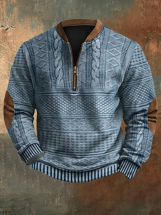 Men's Vintage Knit Pattern Print Casual Zipper Sweatshirt