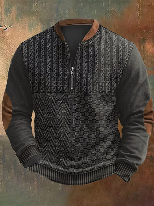 Men's Vintage Cable Pattern Print Casual Zipper Sweatshirt