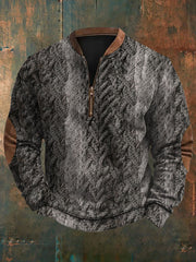 Men's Vintage Herringbone Print Casual Zipper Sweatshirt