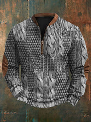 Men's Vintage Herringbone Print Casual Zipper Sweatshirt