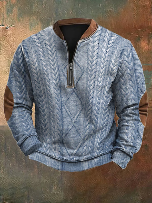 Men's Vintage Cable Pattern Print Casual Zipper Sweatshirt