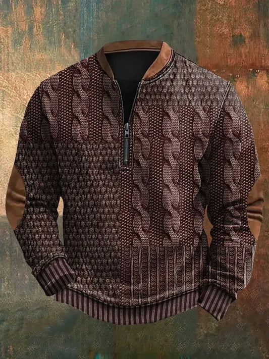 Men's Vintage Cable Pattern Print Casual Zipper Sweatshirt