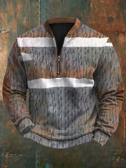 Men's Vintage Herringbone Print Casual Zipper Sweatshirt