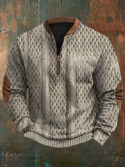 Men's Vintage Herringbone Print Casual Zipper Sweatshirt