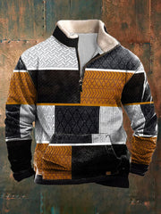 Men's Vintage Cable Pattern Print Casual Pocket Fur Collar Zipper Hoodie