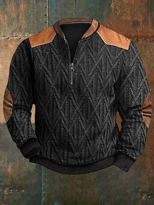 Men's Vintage Cable Pattern Print Casual Zipper Sweatshirt
