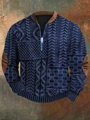 Men's Vintage Cable Pattern Print Casual Zipper Sweatshirt