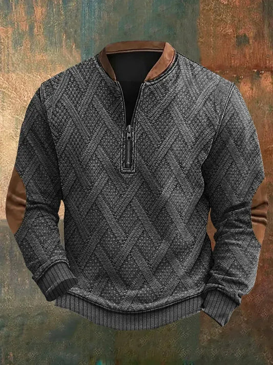 Men's Vintage Cable Pattern Print Casual Zipper Sweatshirt