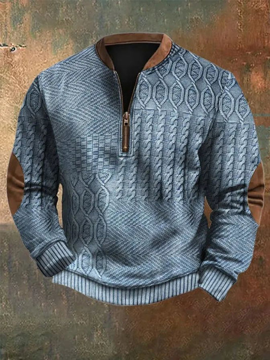 Men's Vintage Cable Pattern Print Casual Zipper Sweatshirt