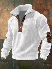 Men's Vintage Cable Jacquard Fabric Fur Collar Zipper Pullover