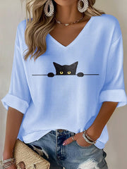 Women's Cat Print Waffle T-shirt