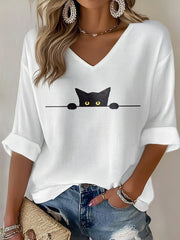 Women's Cat Print Waffle T-shirt
