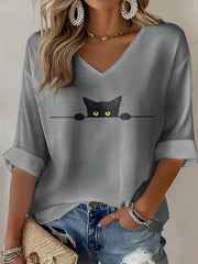 Women's Cat Print Waffle T-shirt