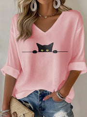 Women's Cat Print Waffle T-shirt