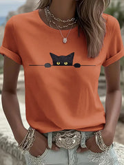 Women's Cat Printed Round Neck T-Shirt