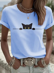 Women's Cat Printed Round Neck T-Shirt