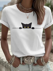 Women's Cat Printed Round Neck T-Shirt