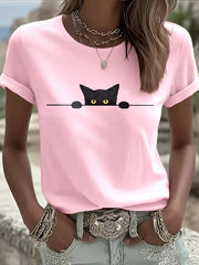 Women's Cat Printed Round Neck T-Shirt