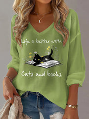 Women's Cat Lover V-neck Long Sleeve T-shirt
