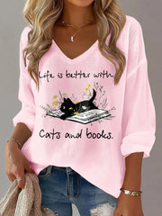 Women's Cat Lover V-neck Long Sleeve T-shirt