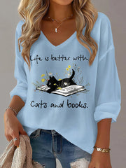 Women's Cat Lover V-neck Long Sleeve T-shirt
