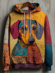 Vintage Patchwork Dog Print Art Casual Hoodie