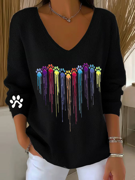 Women's  Colorful Dog Heart Paw Print Casual V-Neck Ribbed Top