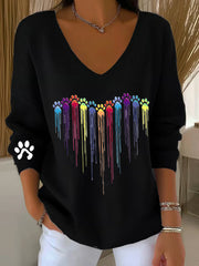 Women's  Colorful Dog Heart Paw Print Casual V-Neck Ribbed Top